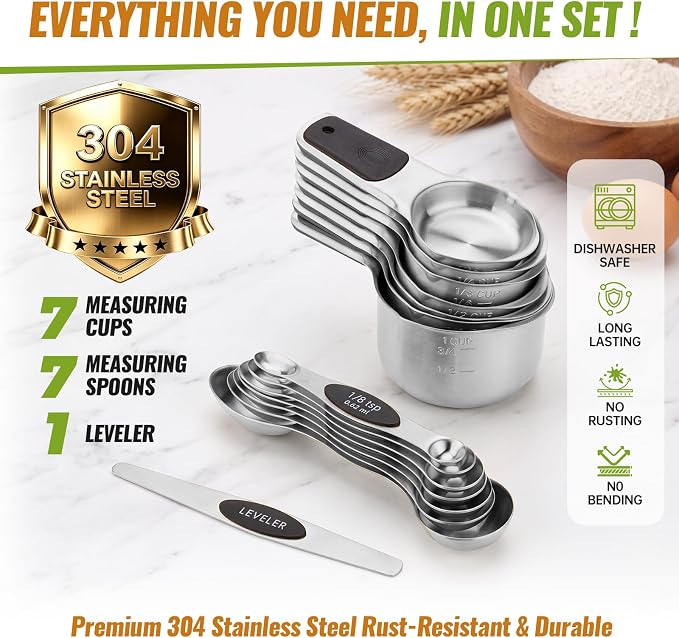 Magnetic Measuring Cups & Spoons Set of 15 | BPA Free,Heavy Duty 304 Stainless Steel,Strong N52 Magnets,Dishwasher Safe with Leveler for Baking and Cooking - Image 4
