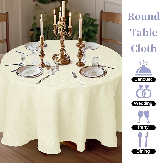 Cream Round Tablecloth 70 Inch (4-6 Seat) - Cotton Polyester, Wrinkle/Fade Resistant, Reusable - Luxury Jacquard Table Cloth - 1PC Circle Table Cover for Dining, Wedding & Birthday Party, Cream Bows - Image 4