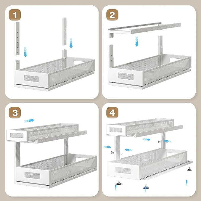 2 Pack 21.3IN-Depth Under Sink Organizer With Next-Gen Ball-Bearing Slides,2-Tier Pull Out Cabinet Storage,Height Adjustable Drawer Shelf for Bathroom,Kitchen,Laundry,Cabinet,Pantry-White - Image 5