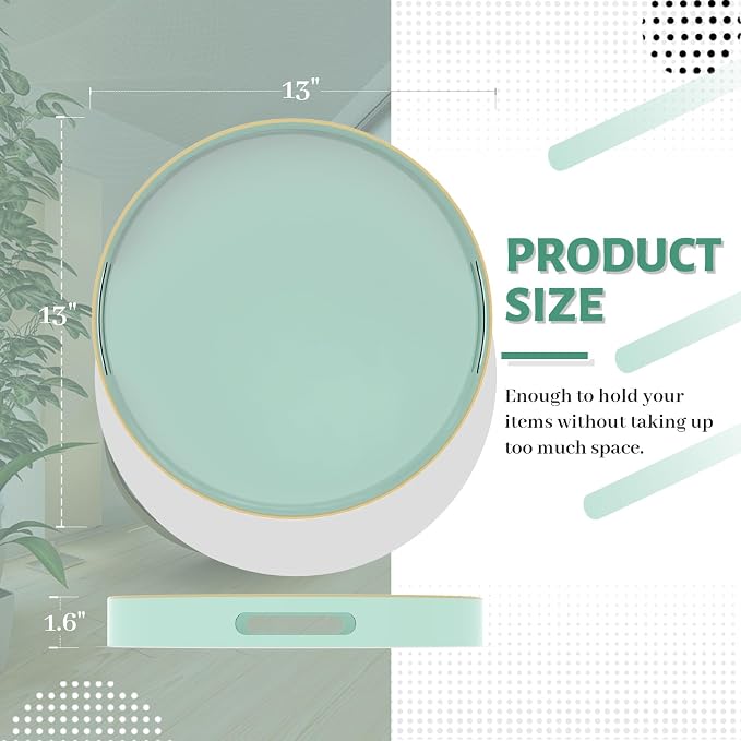 13" Mint Green Decorative Tray, Round Serving Tray with Handles | Plastic Decorative Tray for Coffee Table, Modern Ottoman Tray, Circle Tea Tray, Round Melamine Tray for Living Room, Bathroom - Image 2