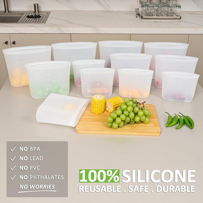 Reusable Storage Bag, 12 Pack 100% Silicone Food Storage Bags Stand Up Silicone Zip Lock Bags for Food Container, Freezer Microwave Oven Dishwasher Safe, 4 Medium 4 Small 4 Extra Small, Translucent - Image 2