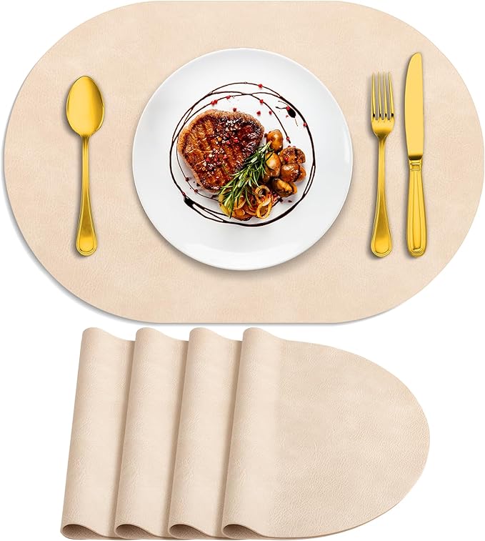 ADRIMER Placemats, Heat Resistant Oval Placemats Set of 4 Washable 12 x 17 Inch, Waterproof Table Mats, Wipeable Pu Place Mats for Kitchen, Dining Room, Beige by Adrimersdreamistobeanindispensablecompanioninyourlife