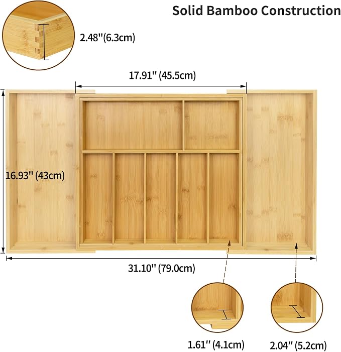 Utoplike Extra Large Kitchen Drawer Organizer, Solid Bamboo Silverware Tray | Expandable Drawers Organizer Holder for Utensils, Cutlery, Silverware, Flatware and Spatulas, Adjustable 7-9 Slots - Image 3