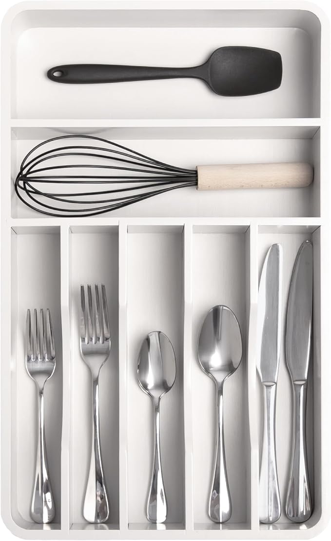 Silverware & Utensil Organizer, Fixed 10.5 in, White | Cutlery, flatware holder, rounded corners, 7 compartments, non-slip feet, kitchen drawers by KitchenEdge