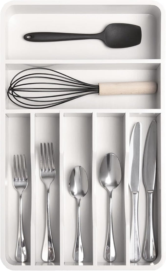 Silverware & Utensil Organizer, Fixed 10.5 in, White | Cutlery, flatware holder, rounded corners, 7 compartments, non-slip feet, kitchen drawers by KitchenEdge