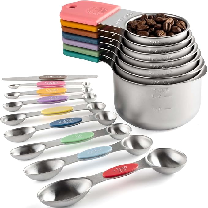 Magnetic Measuring Cups and Spoons Set Stainless Steel Measuring Cup&Spoon | 7 Heavy Duty Measuring Cup 8 Double Sided Magneti Measuring Spoons with 1 Leveler for Dry and Liquid Ingredients (Color) by Turewin