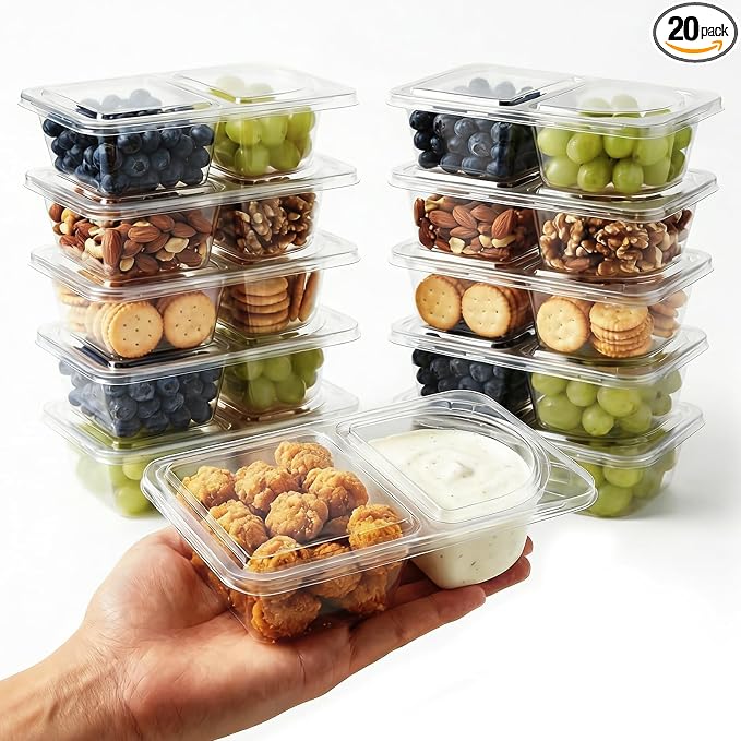 20 Pack Reusable Snack Containers with Lids - 10oz (285ml) 2-Compartment Divided Containers for School & Days Out by Unknown