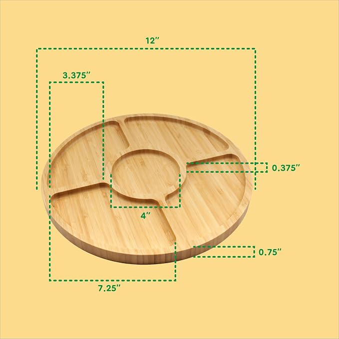 BambooMN Natural 12" Bamboo Round 5 Compartment Serving Tray/Platter, Charcuterie Board, Perfect for Snacks, Party Platter, Appetizers - 3 Trays - Image 4