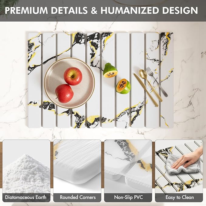 4 Pcs Stone Dish Drying Mat for Kitchen Counter, 24''x16'' Super Absorbent Diatomaceous Earth Stone Drying Mat Faucet Mat with 2 Coasters, Quick Dry Mat for Kitchen Counter Dishes Cups - Image 6