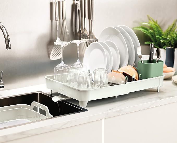 Joseph Joseph Extend Expandable Dish Drainer Rack with Removable Flatware Holder Swivel Draining Spout - Stone/Sage Green - Image 5