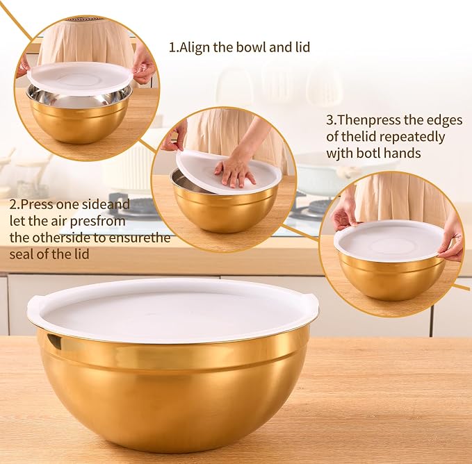 Gold Mixing Bowls With Airtight Lids,Stainless Steel Bowl,Salad Bowls 7 Piece Colorful Nesting Bowl Gold Kitchen Accessories,Size 7,3.6,2.7,2.1,1.5,1.1,0.8QT Stackable Design - Image 3