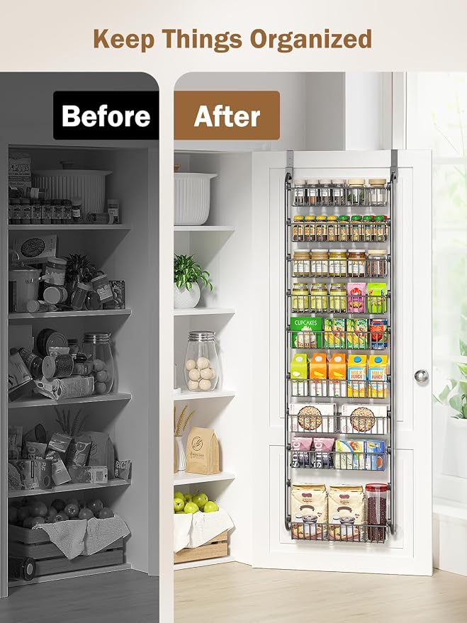 Delamu Over The Door Pantry Organizer, 9-Tier Pantry Door Organizers and Storage with Adjustable Basket, Metal Hanging Spice Rack, Seasoning Organizer, Door Organizer for Home Kitchen Bathroom, Black - Image 7