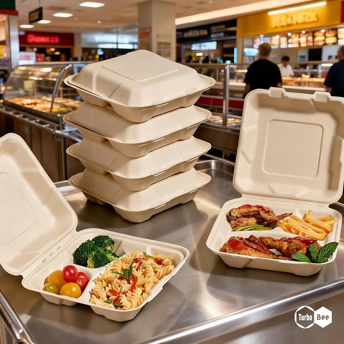 Turbo Bee 100 Pack 8x8inch Natural 3 Compartment Take Out Containers with Lids, Disposable Clamshell Meal Prep Containers, Divided Food Boxes for Food Truck, BBQ, Catering & Lunch - Image 7