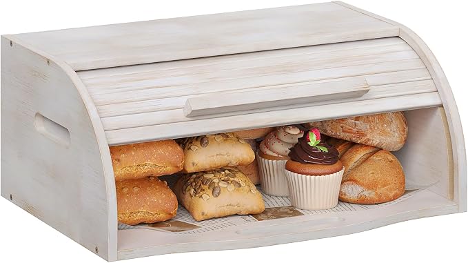 Trironsun Bamboo Roll Top Bread Box for Kitchen Countertop Large Capacity Bread Storage Bin Wooden Bread Storage Organizer Natural Breadbox for Food Storage (Antique white) by TrironsunHome