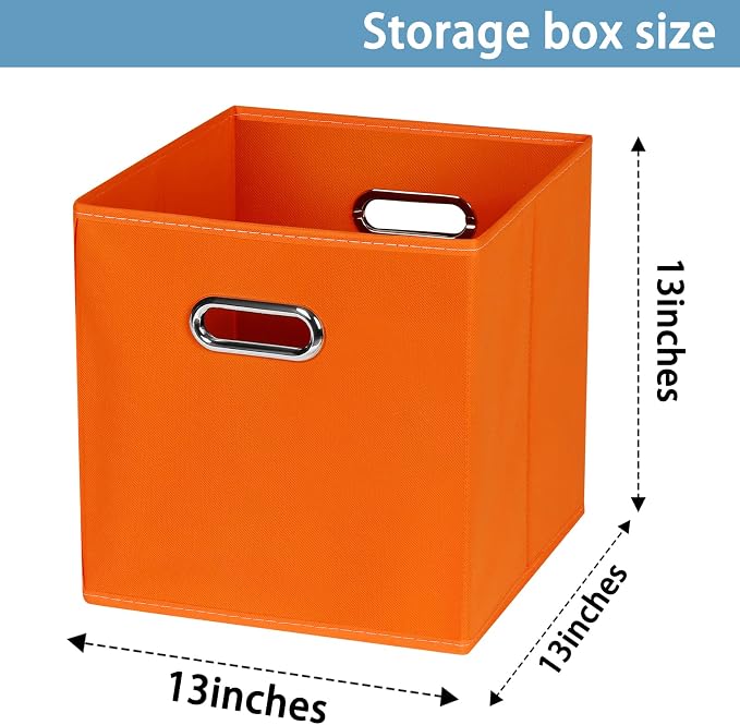 Black Fabric Cubby Storage Bins,13x13x13 Inches ,Cube Organizer Bin Foldable Storage Boxes with Dual Handles Fabric Organizer Box and collapsible Storage basket,Set of 6,Orange - Image 2