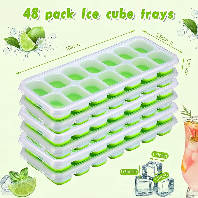 Rtteri 48 Pack Ice Cube Trays Silicone Ice Tray for Freezer Flexible 14 Cube Molds Easy Release Stackable Trays with Lid for Drinks Cocktail Coffee Baby Food (Green) - Image 2