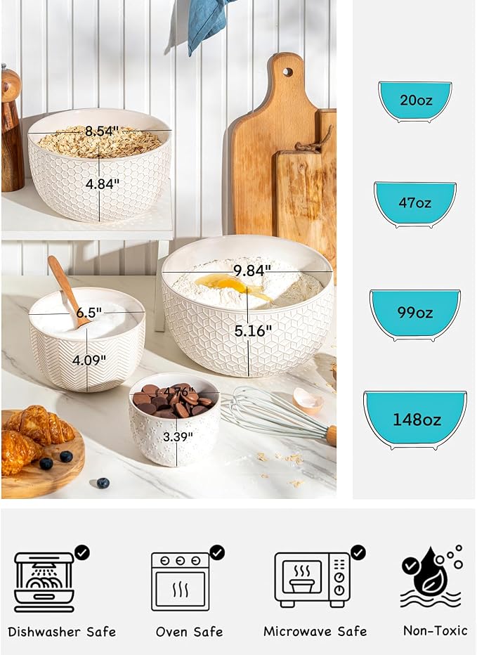 Ceramic Mixing Bowls, Embossed Nesting Bowls Set of 4, Mixing Bowl Set for Serving, Baking, Cooking and Gift, Microwave and Dishwasher Safe, 20/47/99/148 oz, Off-White - Image 4