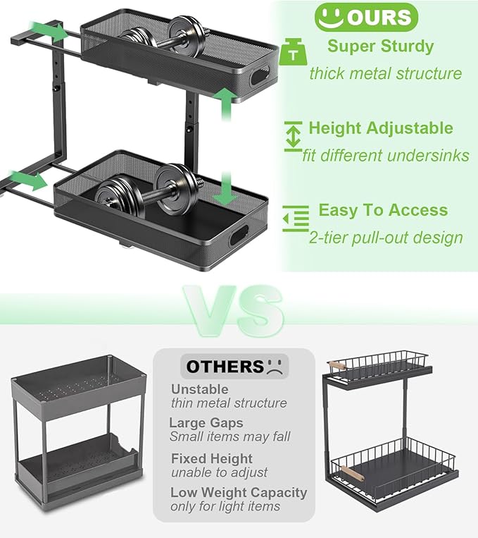 Under Sink Organizer, High Adjustable 2 Tier Under Sink Organizers and Storage, Slide out Metal Cabinet Organizers, Pull out Storage Drawer Shelf for Kitchen Bathroom Cabinet (Black-1pack) - Image 2