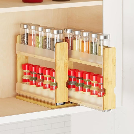 SpaceAid Bamboo Pull Out Spice Rack Organizer for Cabinet, Heavy Duty Slide Out Seasoning Kitchen Pantry Sliding Vertical Organization, 5.1" Wide, 2 Drawers(2" Wide), 2-Tier, Natural by SpaceAid