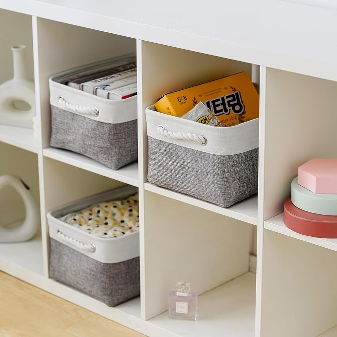 Storage Bins for Shelves - 13.8L×9.8W×6.7H inch 3 Pack Medium Collapsible Storage Baskets for Organizing | Fabric Storage Cubes for Linen Closet Toy Home (White&Grey) - Image 4