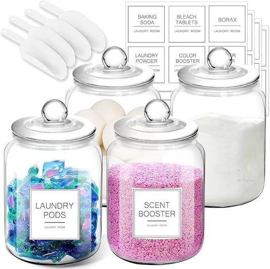 FyndraX Half Gallon Glass Jars - Large Airtight Containers with Scoop and Labels for Organization and Storage Laundry, Bath Room, Kitchen and Pantry Holder, Set of 4 by FyndraX