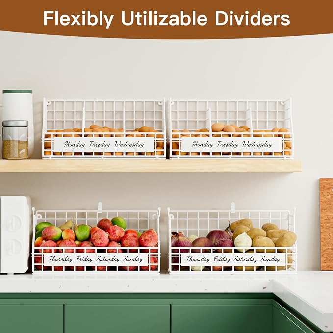 Egg Basket, Stackable Wall Mount Egg Holder Countertop with Weekday Labels | Rustproof carbon steel basket with adjustable dividers, ideal for backyard poultry, small kitchen & pantry storage, 2T White - Image 2