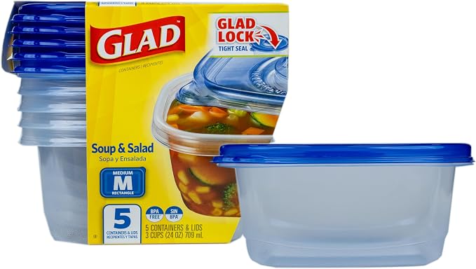 Glad GladWare Medium Rectangle Food Storage Containers, 24 Oz, 5 Count | Airtight, leak-resistant containers for soups, salads, and meal prep; microwave, dishwasher, and freezer safe by GladTrashFoodStorage