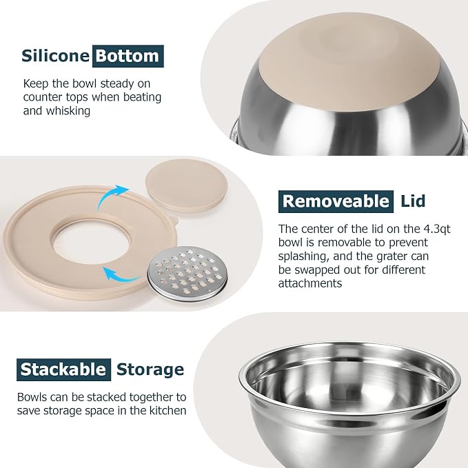 Stainless Steel Mixing Bowls with Airtight Lids,Non-Slip Nesting Bowls Set | 6.3,4.3,3.6,2.9QT,14Pcs Metal Bowl with Mixer Hole,Silicone Bottom,Grater Attachments and Kitchen Gadgets,for mixing,serving - Image 3