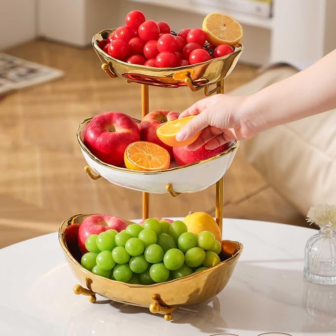 3 Tier Fruit Bowls For Kitchen Counter, Ceramic Fruit Basket Stand | Metal Fruit Serving Tray, Large Capacity, Snacks Nuts Cake Storage Holder for Party, Gold 2 - Image 4
