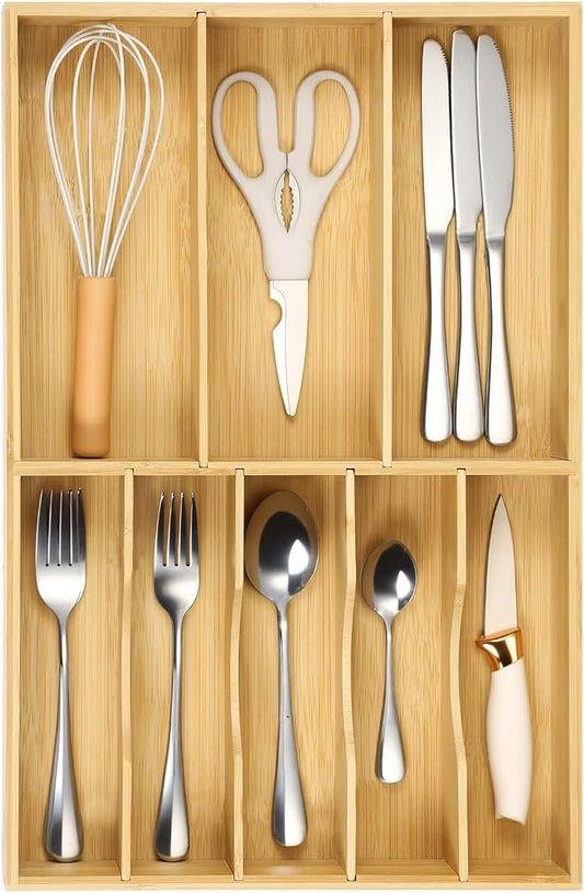 Fabsome Silverware Organizer for Kitchen Drawers, 2.5'' Deep 12.8'' Wide Bamboo Wood Flatware Tray with Deep Slots for Large Cutlery Utensil Drawer by Fabsome