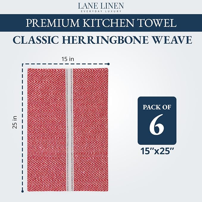 LANE LINEN Kitchen Towels Set - 100% Pure Cotton Dish Towels for Kitchen, Super Absorbent Kitchen Hand Towel, Tea Towels, Soft & Durable Dish Cloths, Pack of 6 – 14”x25”, Red - Image 2