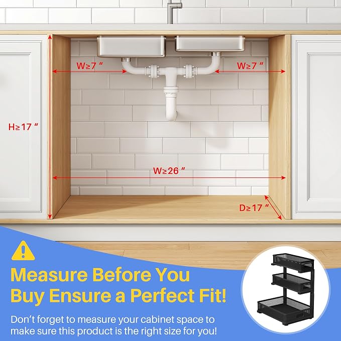 Under Sink Organizer, 3-Tier Thickened Metal Pull out Cabinet Organizer Shelf, Height Adjustable Slide out Storage Drawer Rack for Kitchen Bathroom Pantry Laundry Home Organization, 2-Pack, Black | 35% More Storage Capacity, Carbon Steel, Hold Up 55lbs... - Image 2