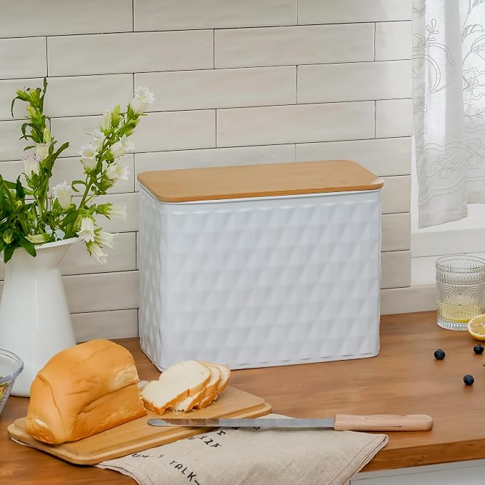 Extra Large Diamond Pattern Embossed Bread Box with Bamboo Lid | Corner Breadbox for Homemade Bread, White Metal Bread Storage Container Bin for Kitchen Countertop, Fits 2 Loaves of Bread - Image 3