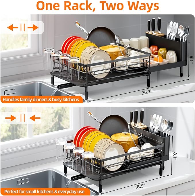 Urackify Extendable Dish Drying Rack, 18.5"-26.7" L x 12.7" W, Black | Multifunctional large dish rack with cup holder and built-in cutlery holder for versatile drying needs - Image 2