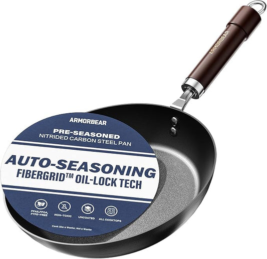 10 Inch Auto-Seasoning Nitrided Carbon Steel Pan, Professional Skillet for Induction Stovetop and Daily Searing, Pre-seasoned Frying Pan, Wooden Handle, PFAS & PFOA-Free by Unknown