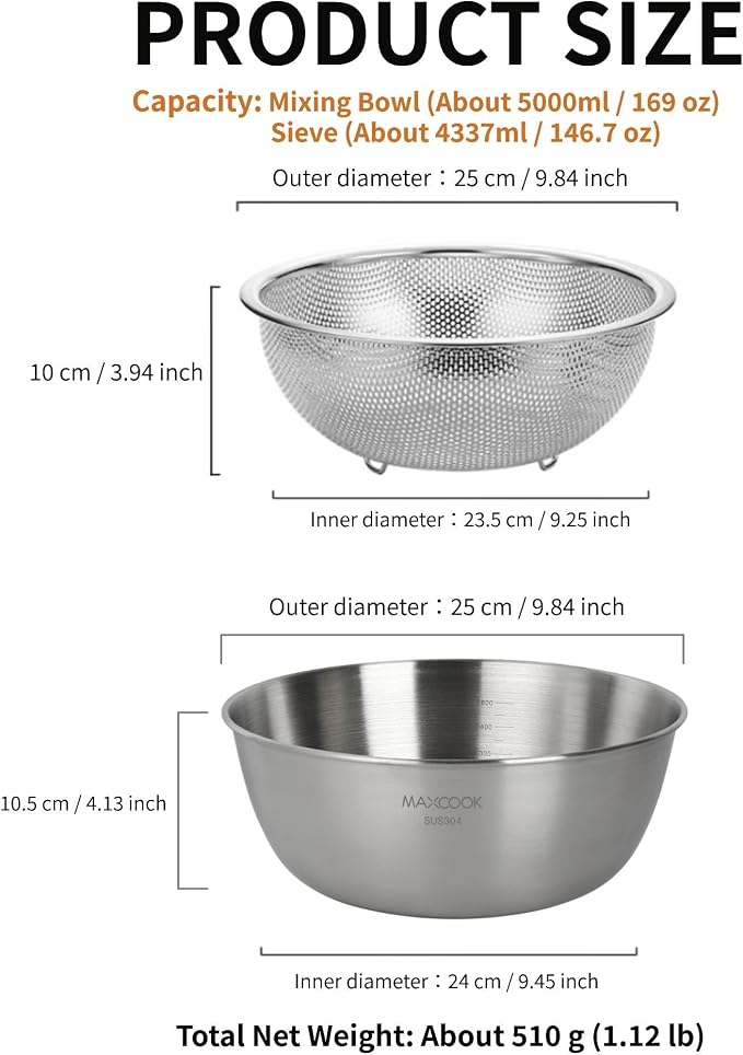 Stainless Steel Colander and Mixing Bowl Set (4.6 QT and 5.3 QT) | 2 pcs of 9.84 inch 18/8 Stainless Steel Colander & Mixing Bowl Set, Fine Mesh Strainer for Rice, Pasta & Veggies - Image 3