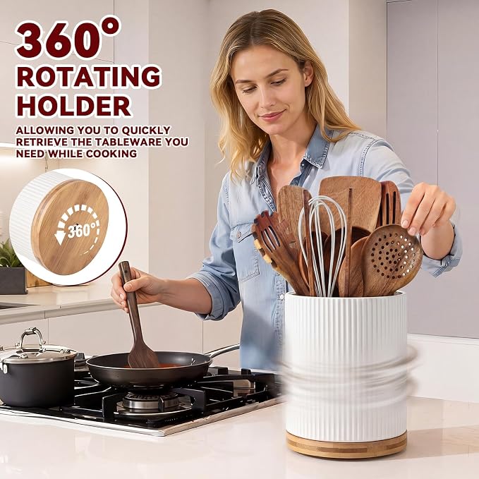 SiliFine 11 Pcs White Wooden Kitchen Utensils Set with 360° Ceramics Rotating Holder Acacia Wood Cooking Utensils with Cooking Spoons Spatulas Nonstick Cookware Countertop(White) - Image 3