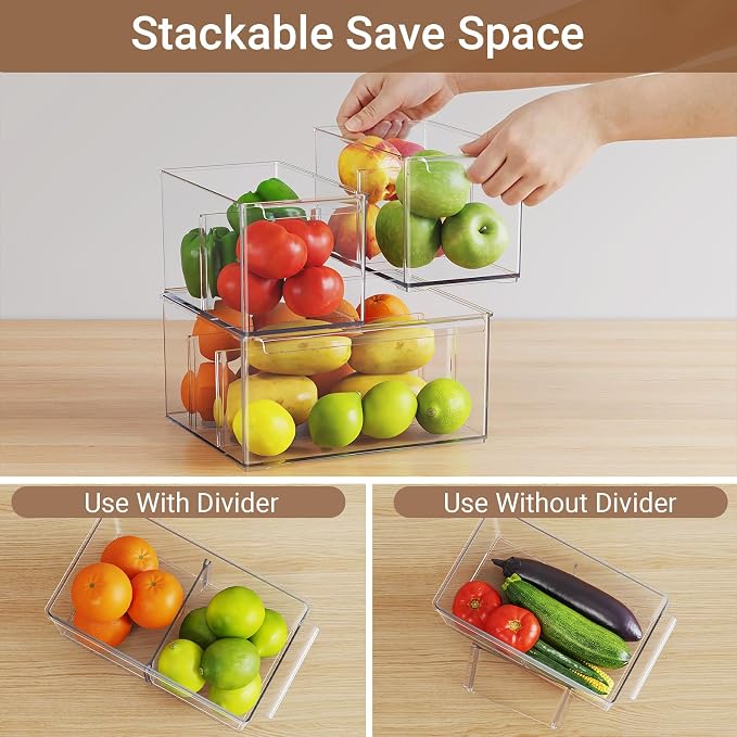 Clear Plastic Storage Bins with Dividers for Fridge Pantry Organizers and Storage Containers, 3 Pack Large Acrylic Stackable Sturdy Storage Boxes for Home Edit and Cabinet Organizers C6-2 - Image 3