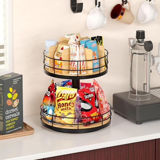 Snack Organizer - Versatile Snack Storage 2 Tier Lazy Susan with Convenient Grab-and-Go Design, Wood and Metal Snack Holder for Home, Office, Breakroom, 12.13" L x 12.13" W x 12.56" H - Image 6