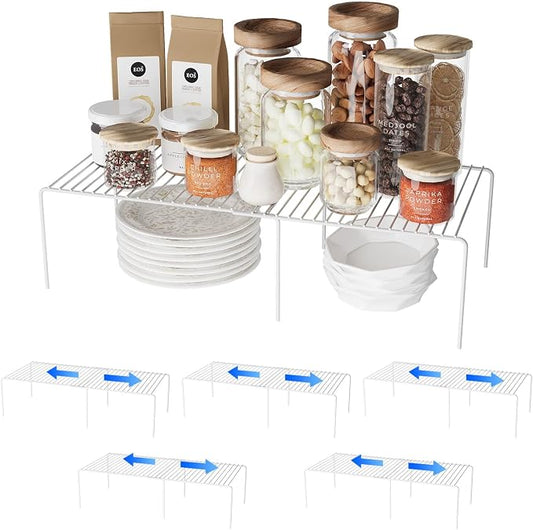 6Pack Expandable Storage Shelf, 13.5"~23" L x 9.4" W x 5.5" H, White | Adjustable Rustproof Metal Wire Spice Rack, Space Saver Kitchen Storage Shelves for Pan, Pot, Countertop, Drawer, Fridge by DPZM