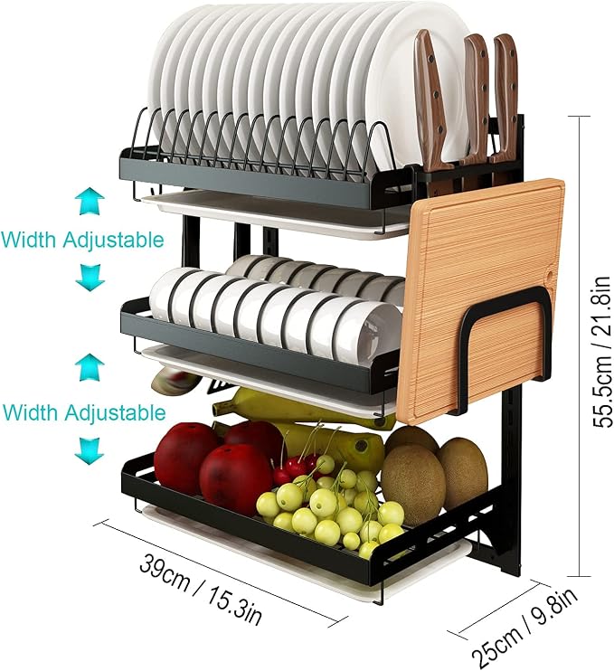 Wall Mounted Stainless Steel Dish Drying Rack Fruit Vegetable Storage Basket with Drainboard and Hanging Chopsticks Cage Knife Holder Kitchen Supplies Shelf Utensils Organizer (3-Tier) - Image 6