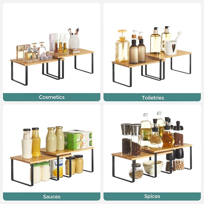 SONGMICS Kitchen Counter Organizers and Cabinet Shelves Bundle, Set of 4 Expandable Kitchen Cabinet Shelves, Metal and Bamboo, Black, Natural, and White UKCS02NB and UKCS02NW - Image 9
