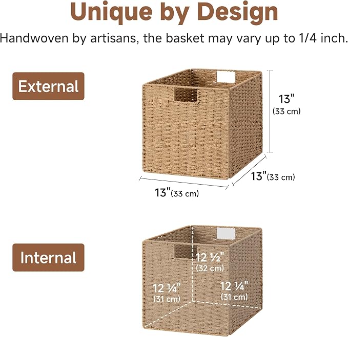 StorageWorks 13 inch Wicker Storage Baskets,Foldable Wicker Baskets,Natural | 2-Pack,Handwoven Organizer Baskets, Wicker Baskets for Organizing,Paper Rope Square Storage Cubes,Square Baskets,Woven Basket - Image 2