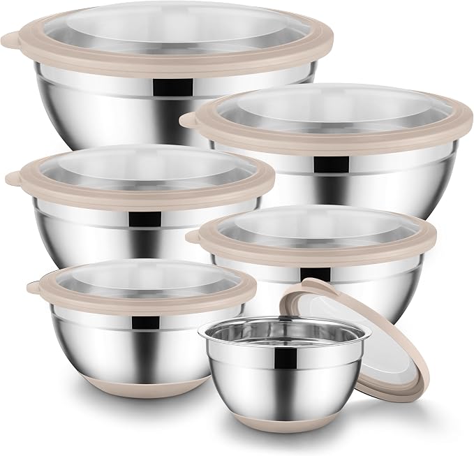 Onader Mixing Bowls with Lids Set of 6, Large Metal Nesting Mixing Bowls, Stainless Steel Non-Slip Salad Bowl Khaki – Size 0.7, 1, 1.5, 2, 2.6, 4.6QT by Onader