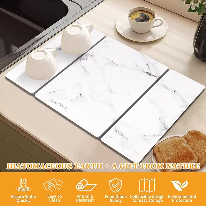 Stone Dish Drying Mat for Kitchen Counter, 24 x 16 Inch(White Marble Vein) | Absorbent diatomaceous earth and PVC, folds for compact storage, suitable for dishes, cups, bottles, or a bathroom floor mat - Image 4
