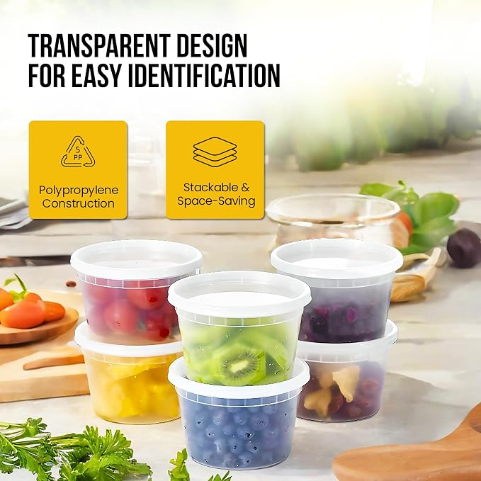 OCS Parts 48-Pack Round Plastic Deli Containers with Lids | Stackable, Microwavable, Freezer and Dishwasher Safe BPA Free Food Prep and Storage Containers (12 Ounce) - Image 3