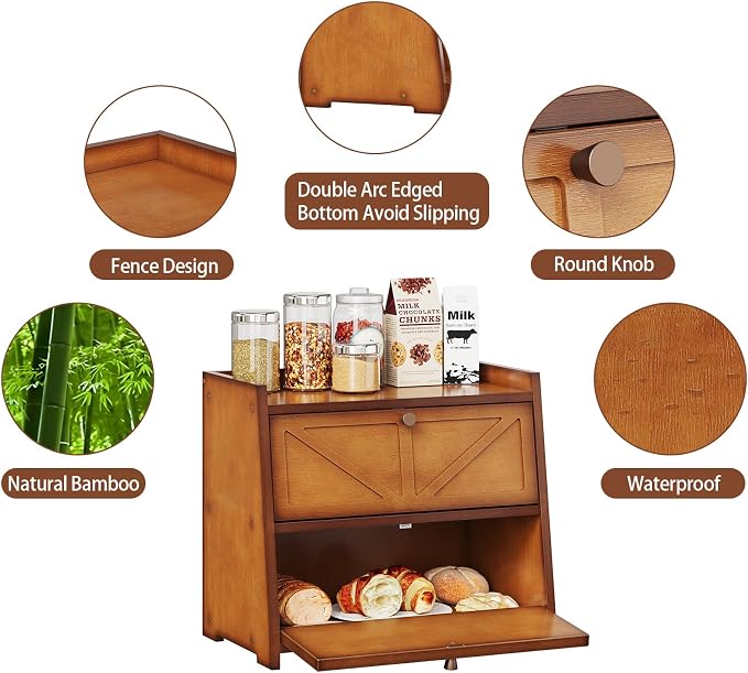 Trironsun Vintage Double Layer Bread Box for Kitchen Counter Bamboo Bread Storage Container Large Capacity Bread Storage Bin - Image 4