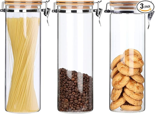 KKC 3-Pack 68oz Glass Spaghetti Containers with Airtight Bamboo Clamp Lids - 2000ml Tall Pasta Storage Jars & Long Noodle Holders Keep Fresh Canister Set for Kitchen Pantry Organization by KKCHOMEACCENTSGmbH