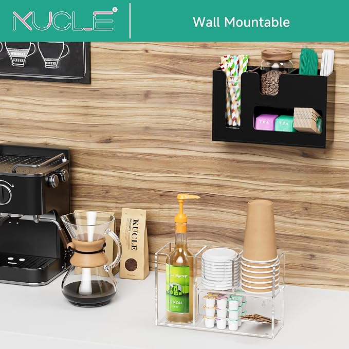 2-Tier Coffee Station Organizer for Countertop, 4 Compartments Black Acrylic Cup and Lid Holder Tea Condiment Storage Upright Coffee Bar Organizer Pod Dispenser for Office Breakroom Home Kitchen - Image 2