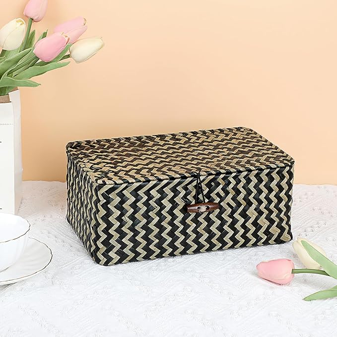 Hipiwe Seagrass Storage Baskets with Lid Woven Wicker Storage Bins for Organizing Natural Rectangular Home Organizer for Bedside Living Room Entryway Table,10.2" x 6.3" x 3.9" - Image 2